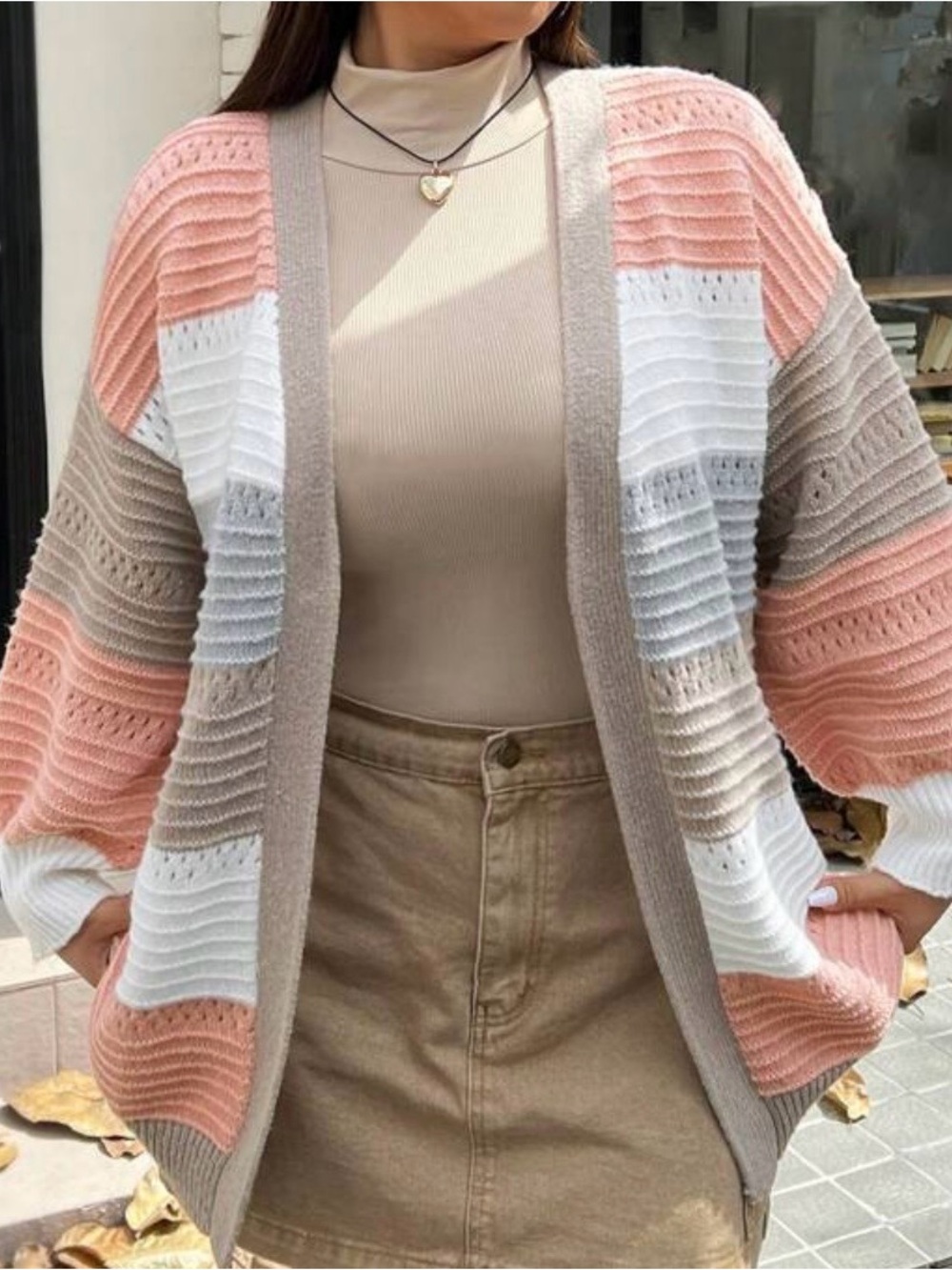 Women’s Striped Open-Front Cardigan Sweater - Pink, White & Taupe